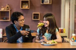flirting, date, couple, man, woman