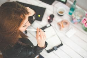 woman, planner, working, notebook