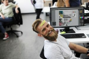 Man, happy, laughing, monkey